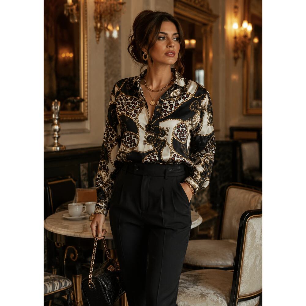Vintage Baroque Leopard Chain Blouse Mob Wife Luxe Jacquard Retro Glam Small